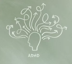 Picture of ADHD head - Arrows coming out, twisting and turning everywhere